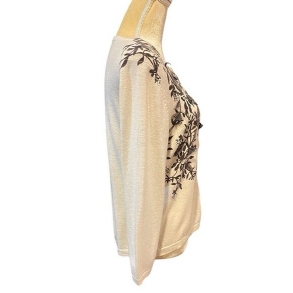 Garnet Hill 100% Merino Wool Cardigan L Ivory Gray Floral Appliqué Bead Sweater - Picture 4 of 11
